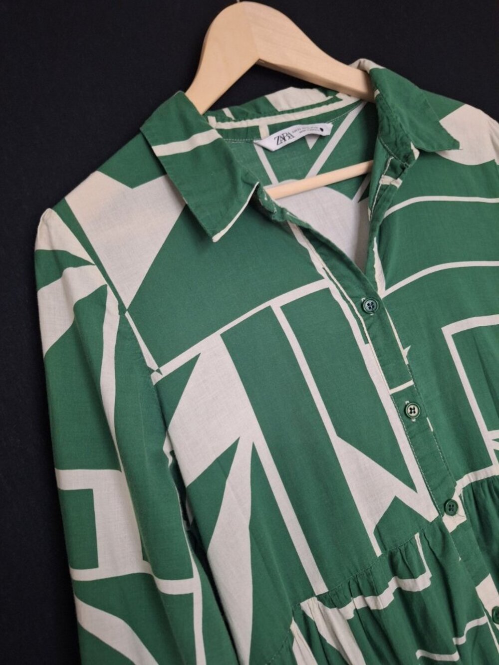 💙 Zara Green Geometric Tiered Midi Shirt Dress Size XL Cotton Button Front Over - Picture 6 of 8